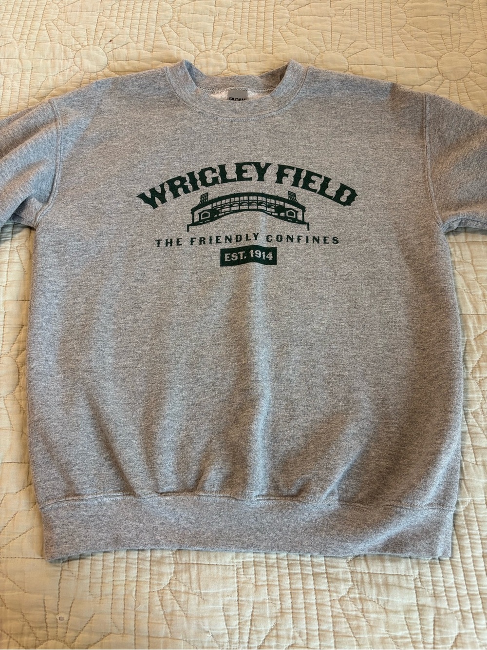 Gildan Gray Crewneck Sweatshirt with Green Wrigley Field Graphic